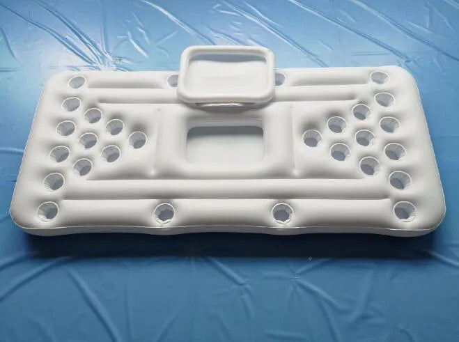 White inflatable beer pong table pool float with cup holders and built-in cooler on water surface