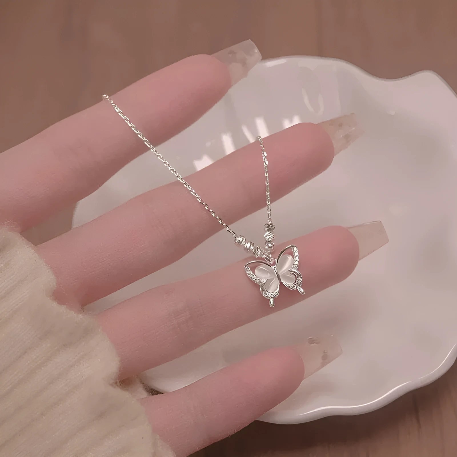 Women's square line opal butterfly necklace with 925 silver pendant on cross chain