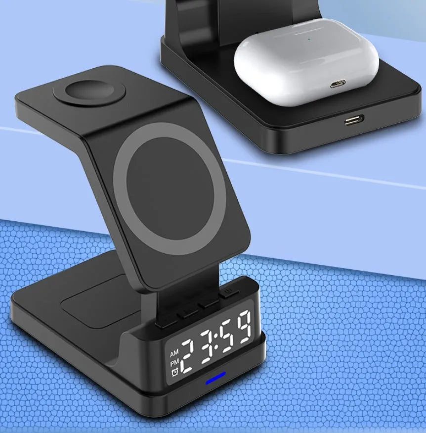 Black magnetic three-in-one 15W wireless charger with clock, Type-C interface, 106x72x112mm