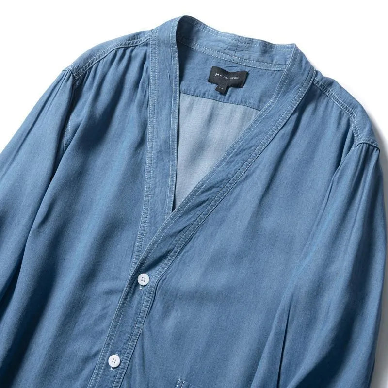 Men's loose V-neck denim coat with three-quarter sleeves in dark blue polyester