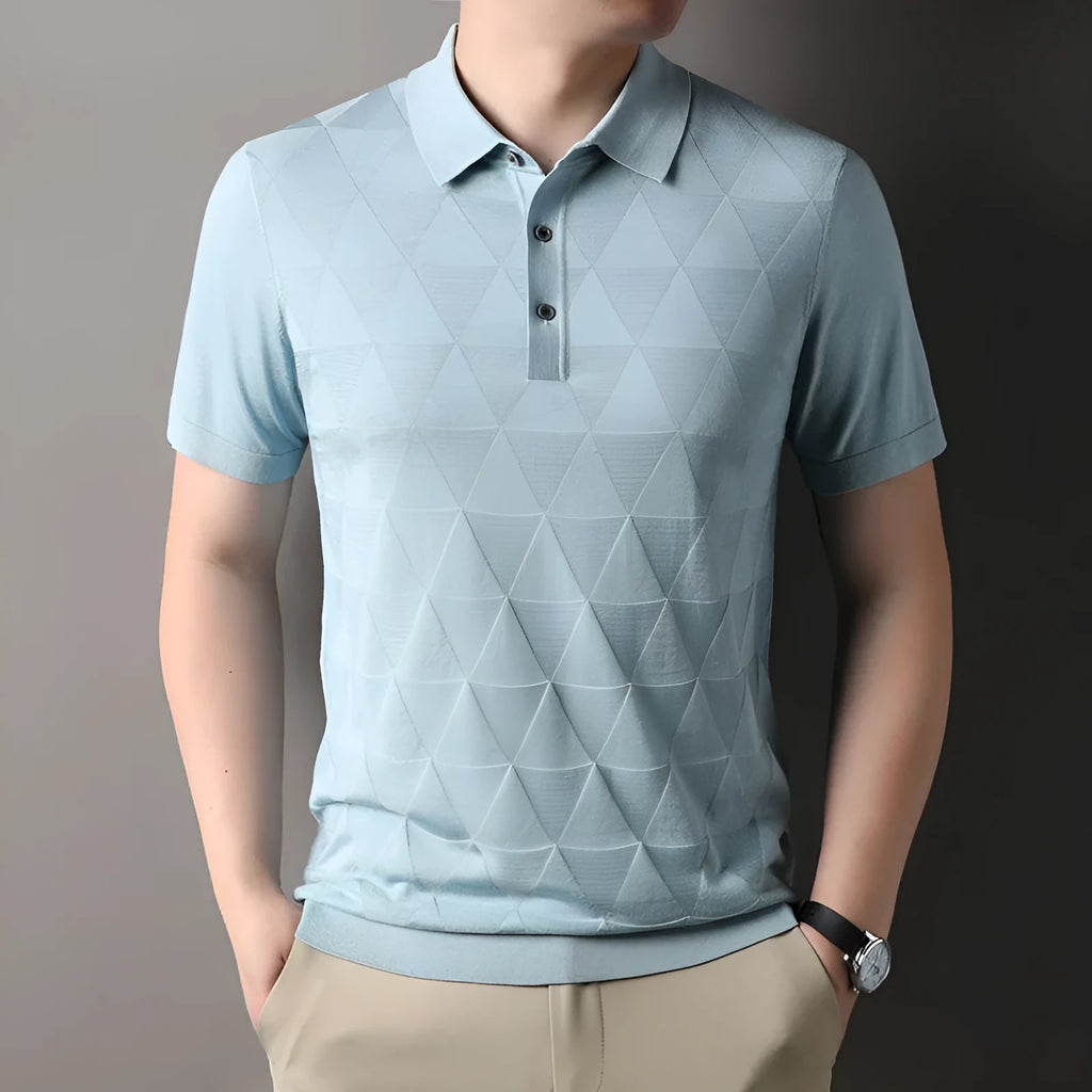 Men's short sleeve ice silk T-shirt in grey, showing regular fit and thin fabric.