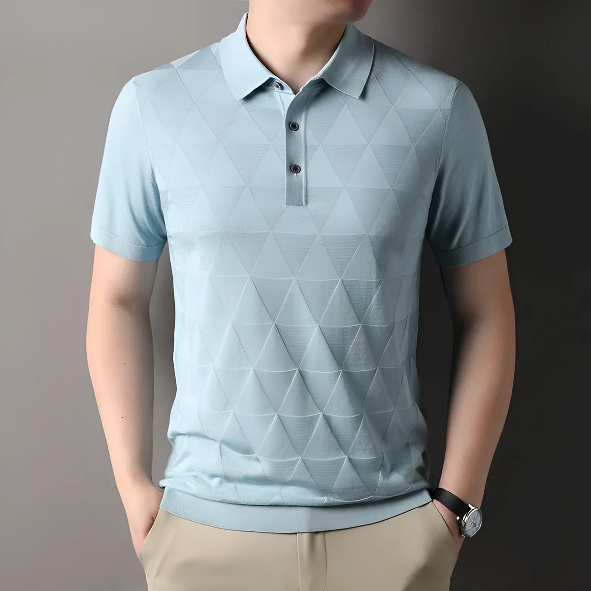 Men's short sleeve ice silk T-shirt in grey, showing regular fit and thin fabric.