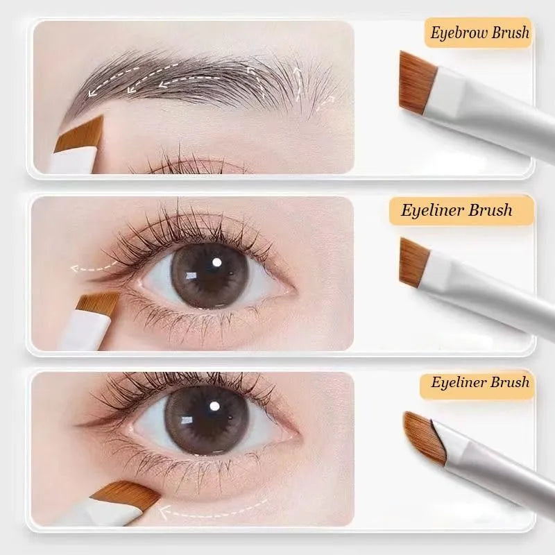 Four angled eyeliner and brow makeup brushes with ultra-thin tips in a leather case.