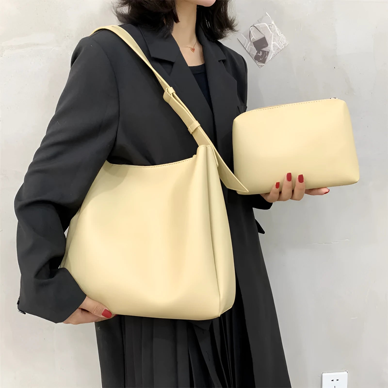Large soft PU shoulder tote bag for women with detachable small bag in khaki, 33x30x10cm