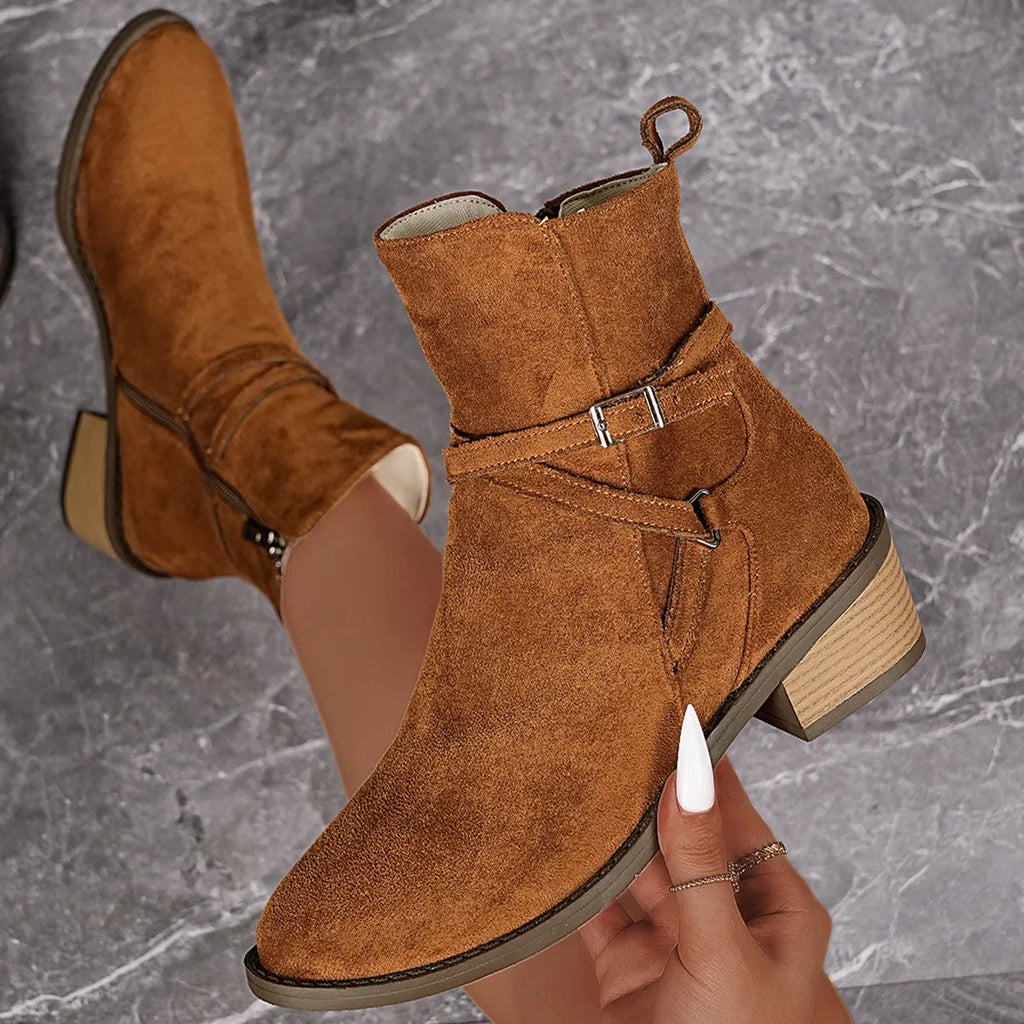 Women's suede mid-heel ankle boots with cross-strap, side zipper, square heel, round toe, black colour option.