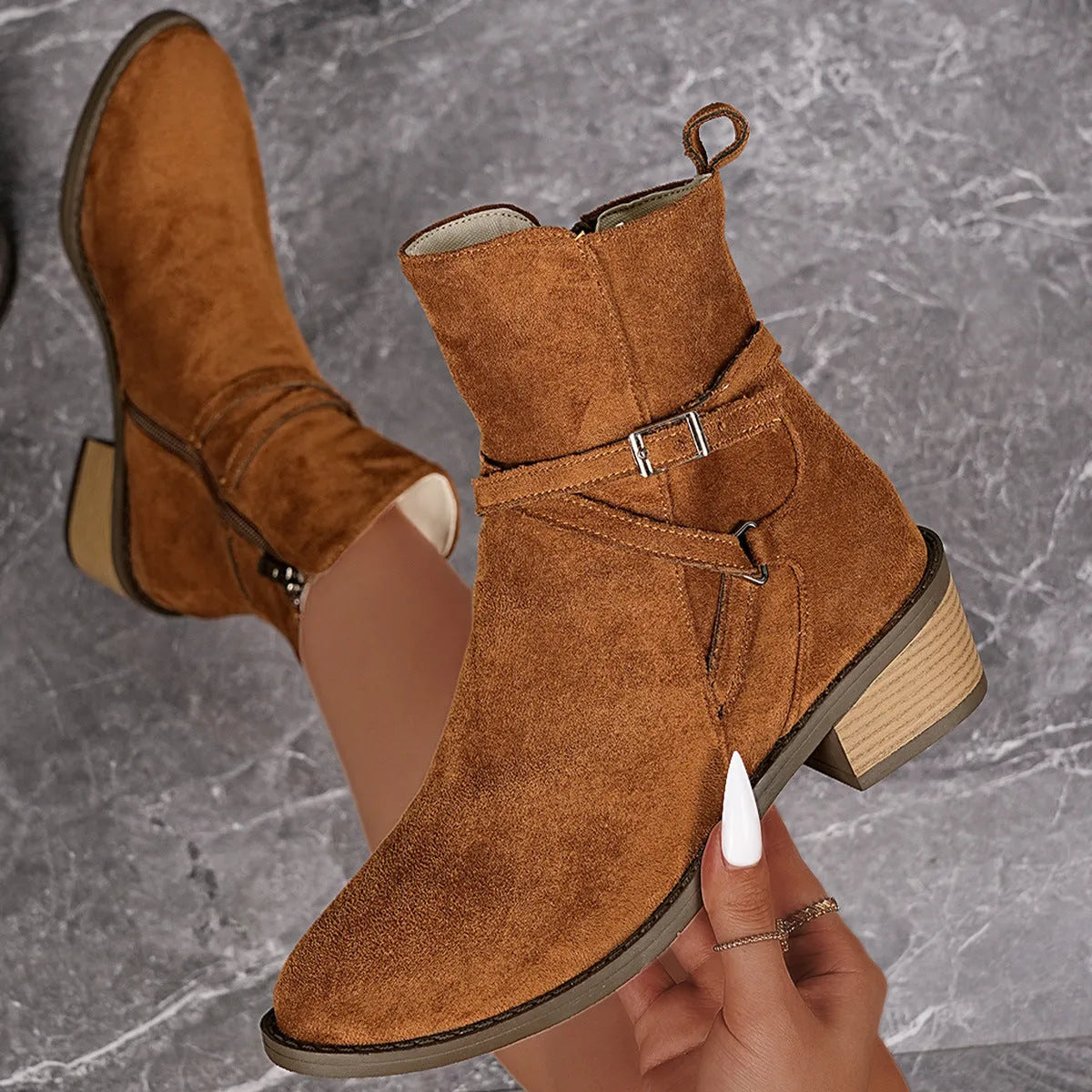 Women's suede mid-heel ankle boots with cross-strap, side zipper, square heel, round toe, black colour option.