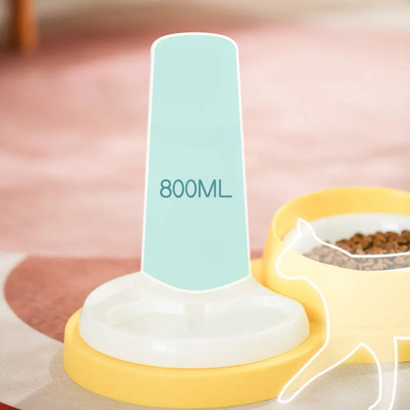 Grey and yellow pet dual feeding bowl with automatic water dispenser and neck protection design