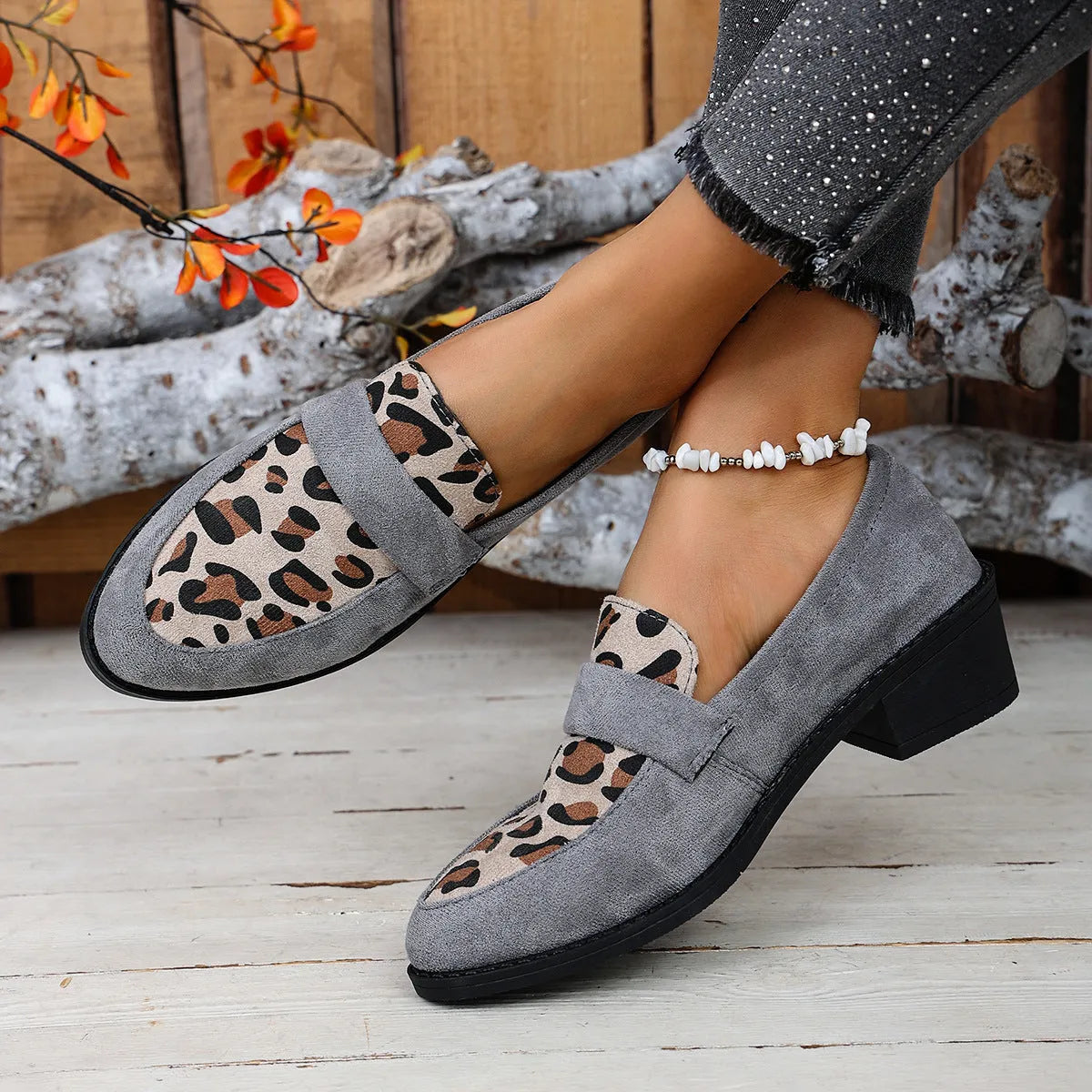 Leopard print slip-on suede pumps with chunky heel and pointed toe in three colour options