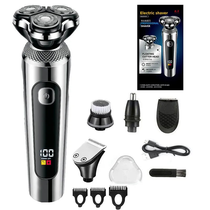 USB rechargeable beard scraper with digital LED display on a five-in-one base bracket.