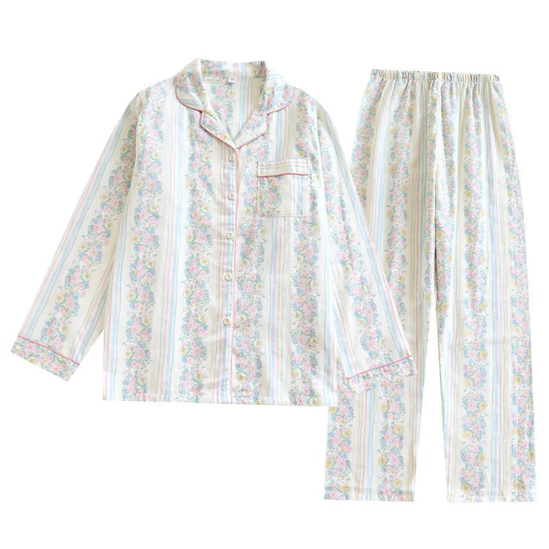 Women's cotton gauze two-piece homewear set with long sleeves and trousers in a striped pattern.