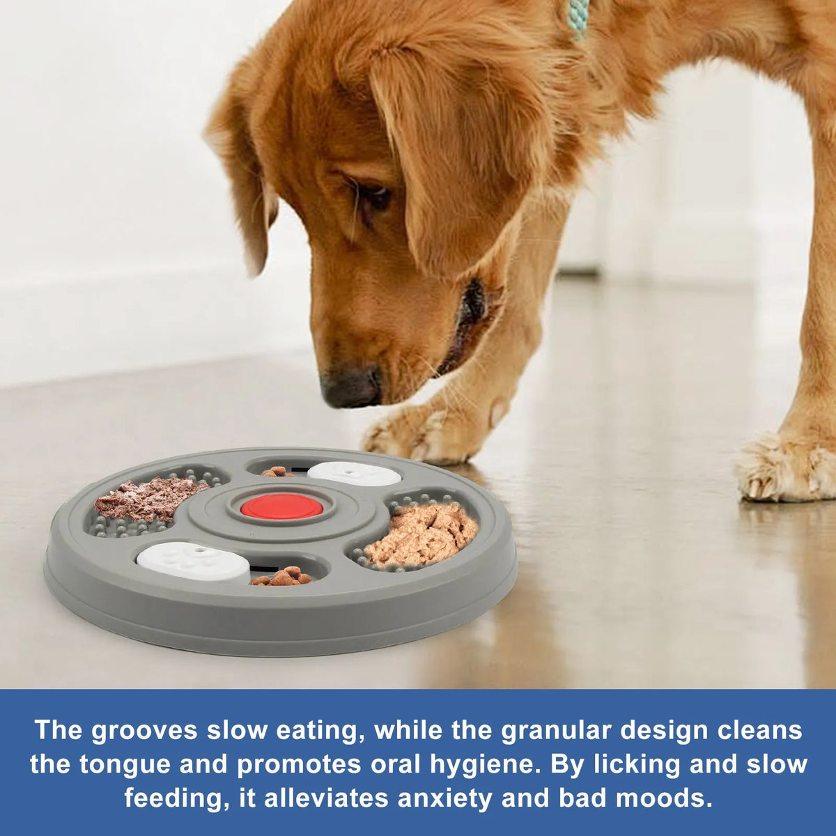 Grey and blue 23cm PP plastic slow feeder bowl with 2 in 1 lick mat surface and four anti slip pads for cats and dogs