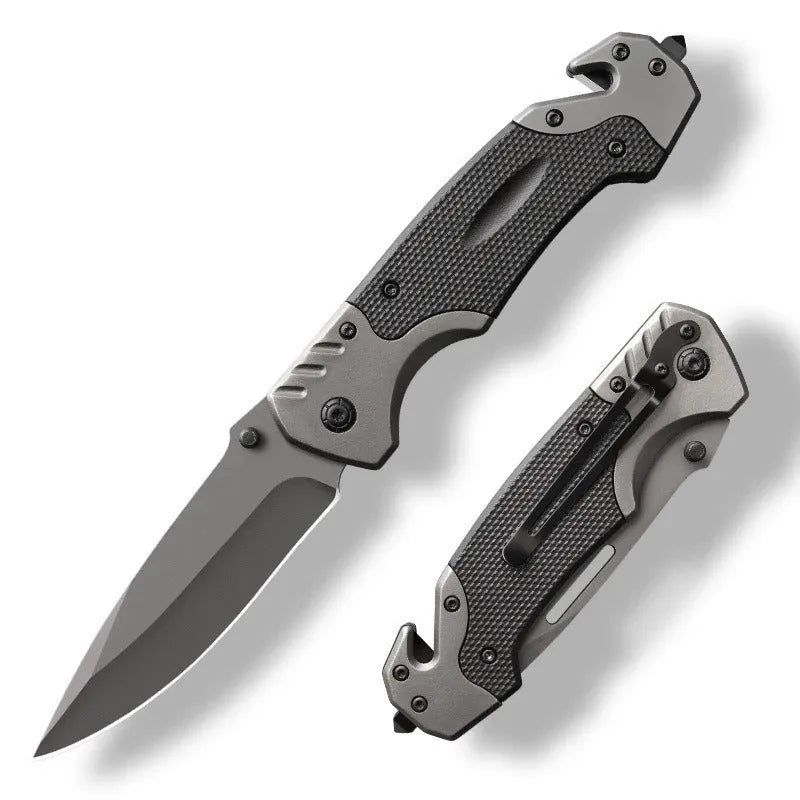 Alloy folding pocket knife with a choice of smooth or textured blade, shown open with a 115mm handle.