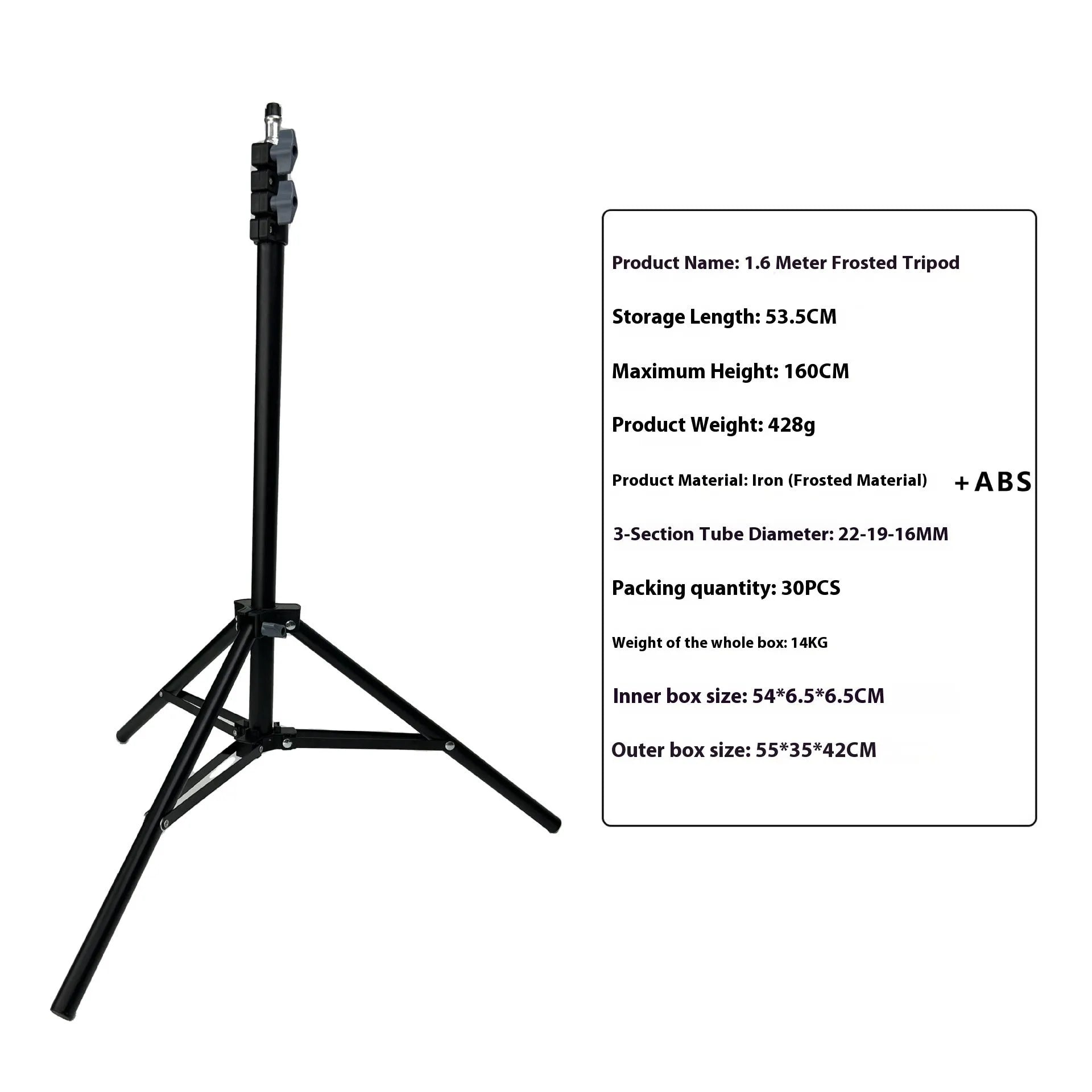 Frosted finish tripod light stand with extended legs and mobile phone holder mounted