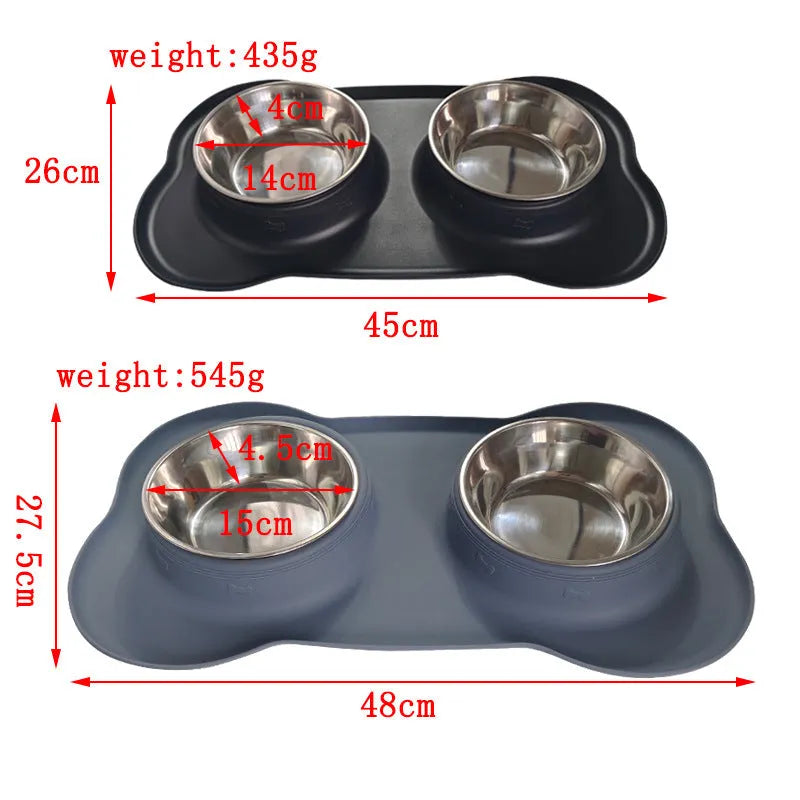Large dual compartment silicone pet bowl with stainless steel base in assorted colours