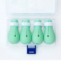 Transparent green silicone cat anti-scratch foot covers showing four protective gloves for pet handling