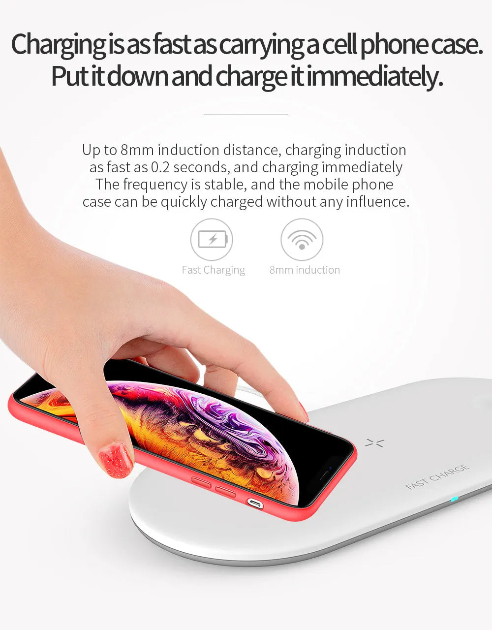 White three-in-one wireless charging station for Apple iPhone, iWatch, and earbuds on a desk.