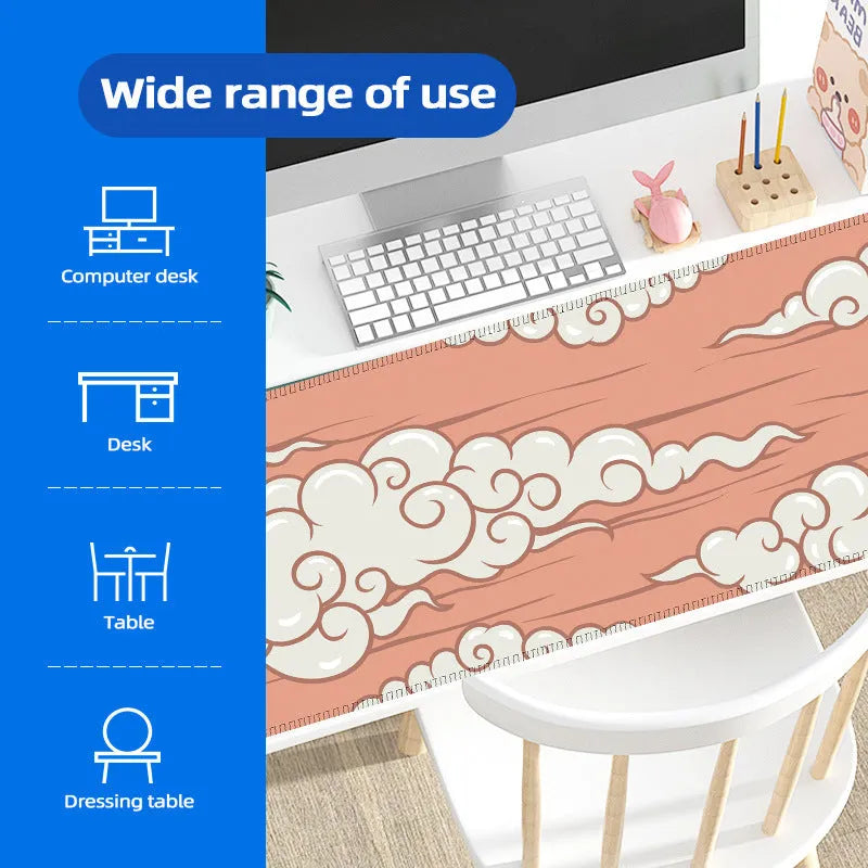 Large rubber desk mat with Japanese minimalist graphic pattern on a wooden desk