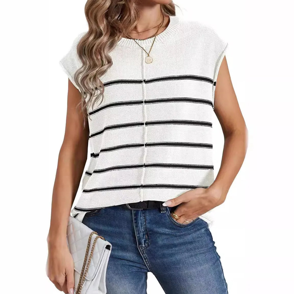Women's striped sleeveless vest pullover in acrylic with bone stitching details