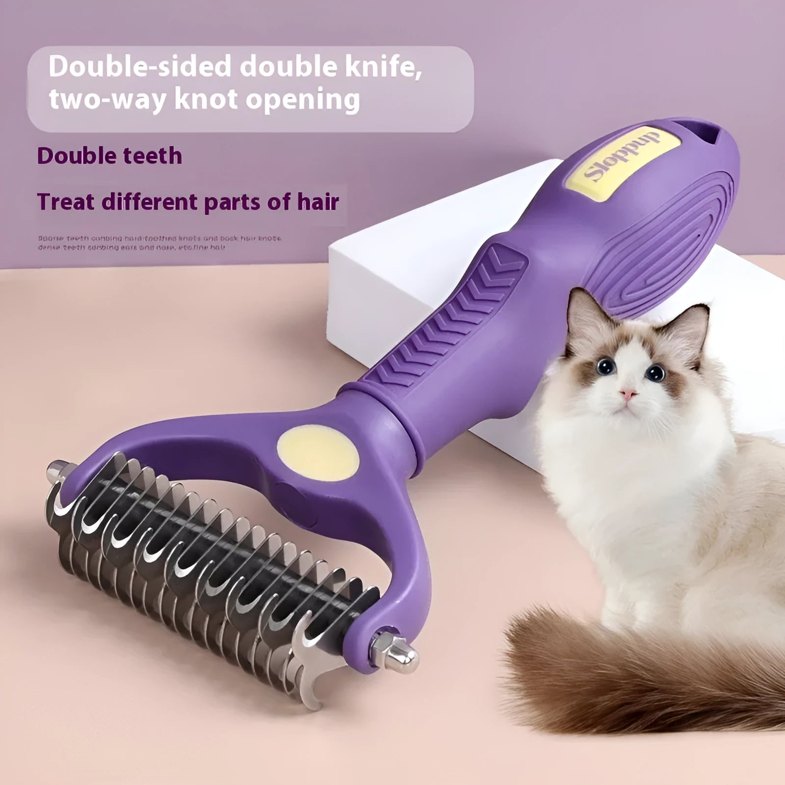 Purple double-sided pet grooming comb for detangling knots and brushing dog and cat fur