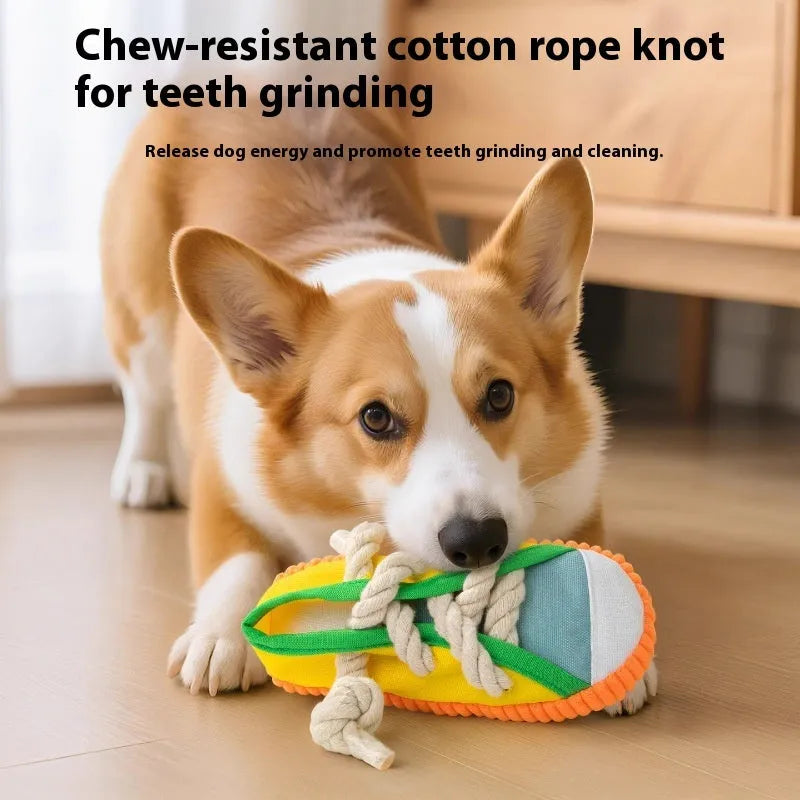 Squeaker dog chew toy shaped like slippers in plastic with bends for dental cleaning