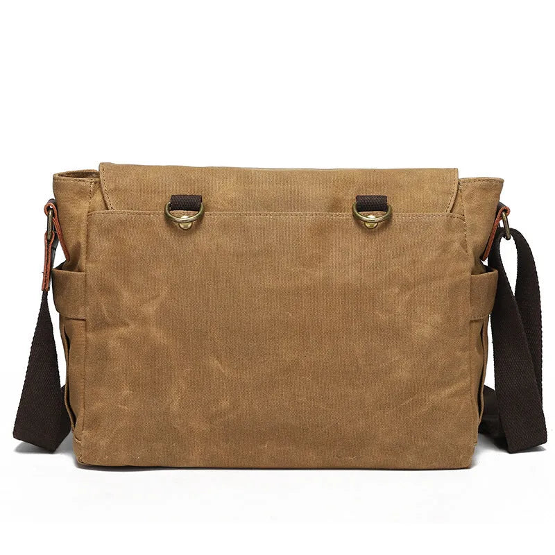 Water-repellent waxed camera shoulder bag in canvas and first layer cowhide leather with curved shoulder strap
