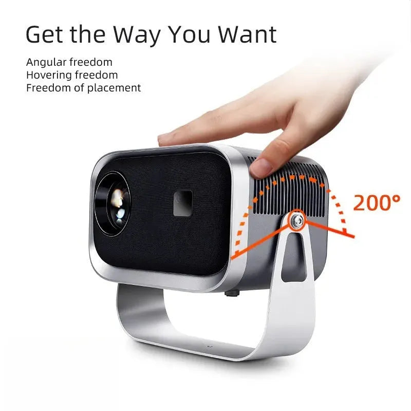 Portable smart home theatre projector unit with connectivity for Android 4K and mobile screen mirroring.