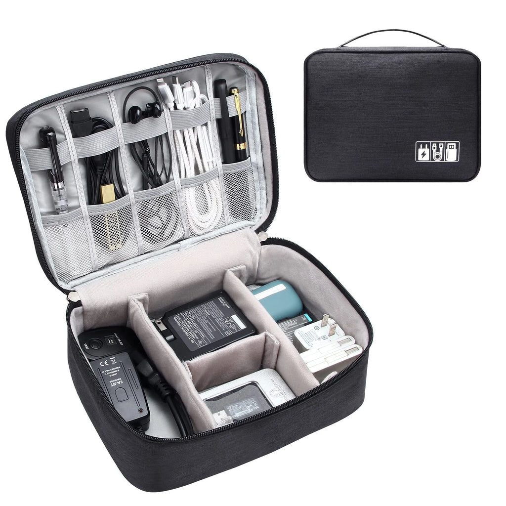 Black waterproof electronics travel cable organizer bag with mesh pockets and top handle