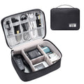 Black waterproof electronics travel cable organizer bag with mesh pockets and top handle