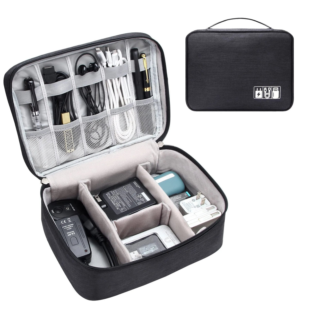 Black waterproof electronics travel cable organizer bag with mesh pockets and top handle