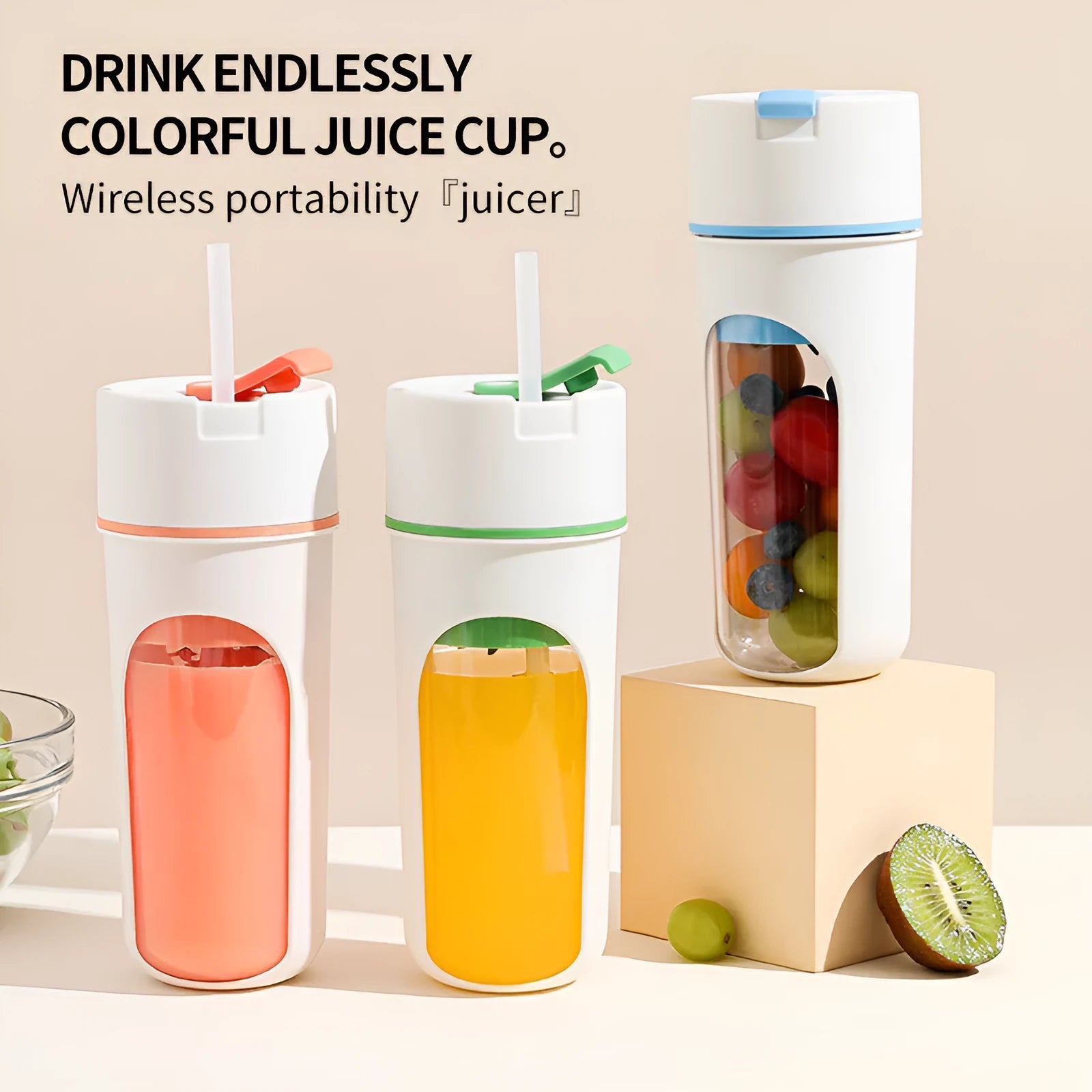 Wireless USB rechargeable electric juicer blender with 400ml capacity in blue, PC food-grade plastic liner