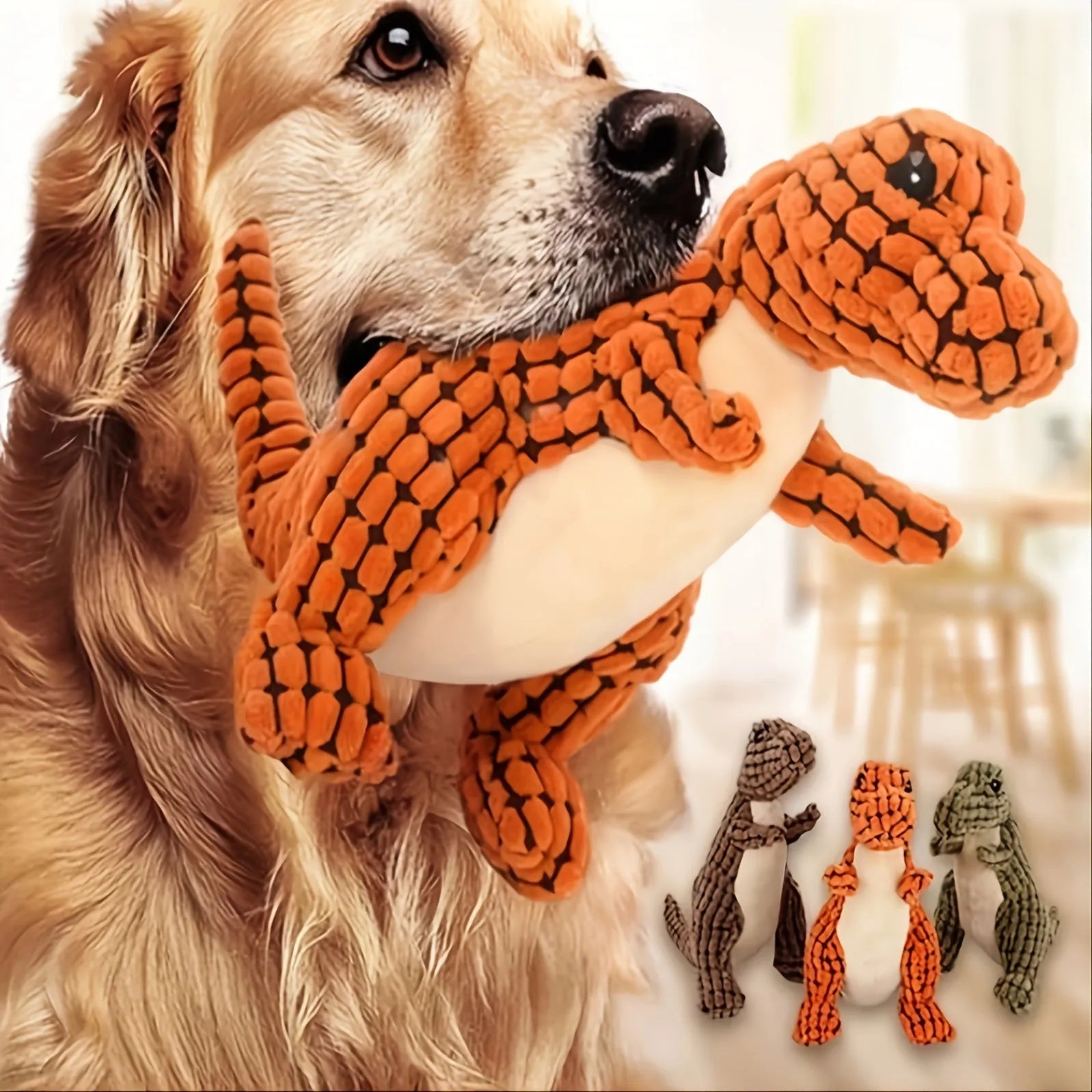 Four grey, green, and orange bite-resistant dog toys with sound features on a white background.