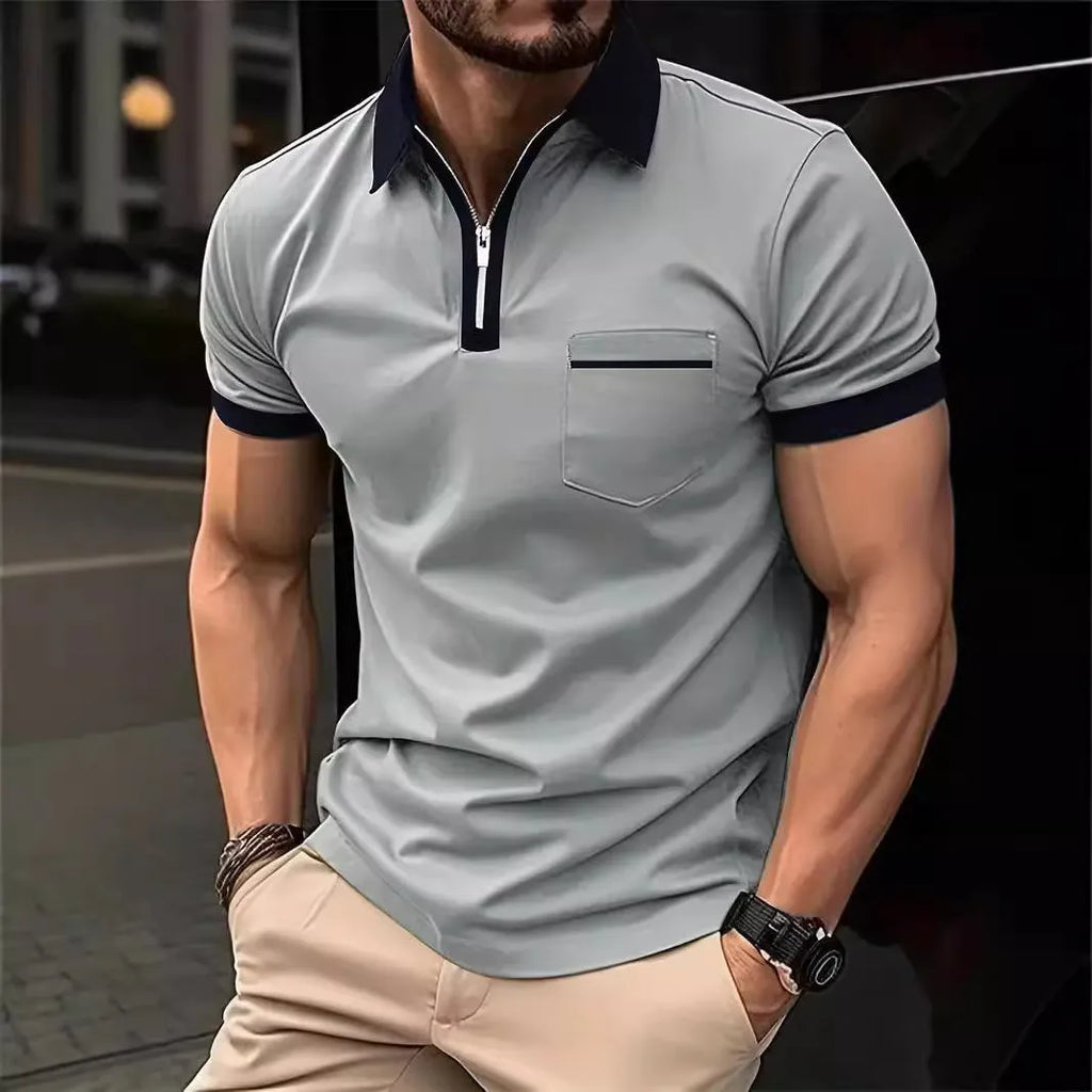 Men's loose fit short sleeve casual shirt with chest pocket and zip decoration detail.