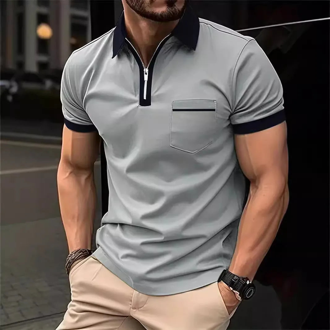 Men's loose fit short sleeve casual shirt with chest pocket and zip decoration detail.