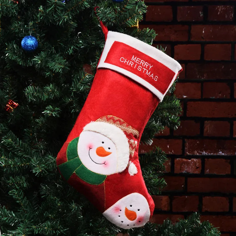 Handmade non-woven Christmas candy stocking with elk, snowman, and grandfather designs