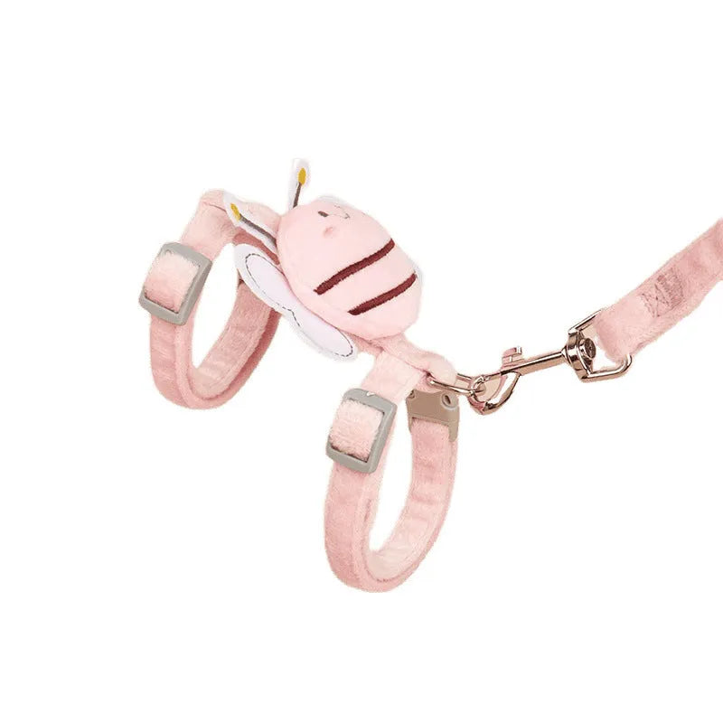Pink bee-shaped adjustable cat tether rope with strap for outdoor use.