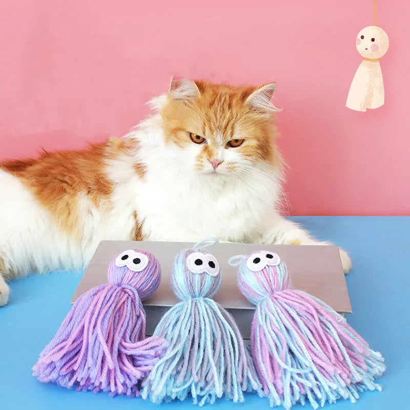 10x13x4cm wool ball cat toy with grinding teeth and hanging loop in blue-grey colour