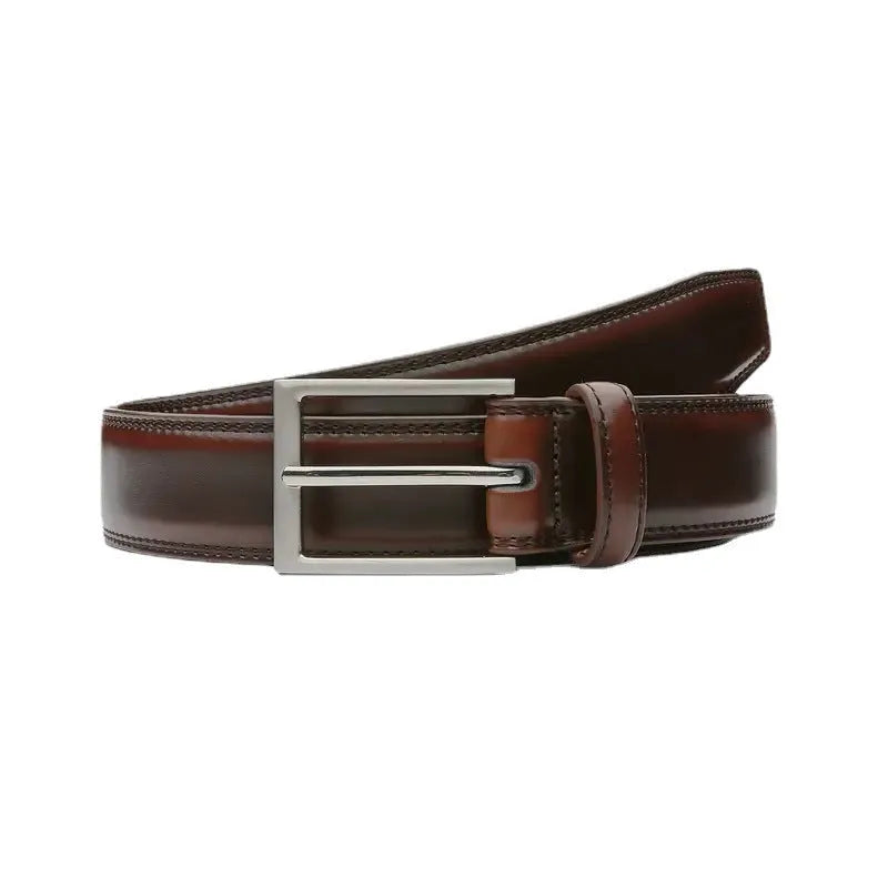 Men's genuine leather casual belt with alloy buckle in 95 grain black, brown, or yellow brown.