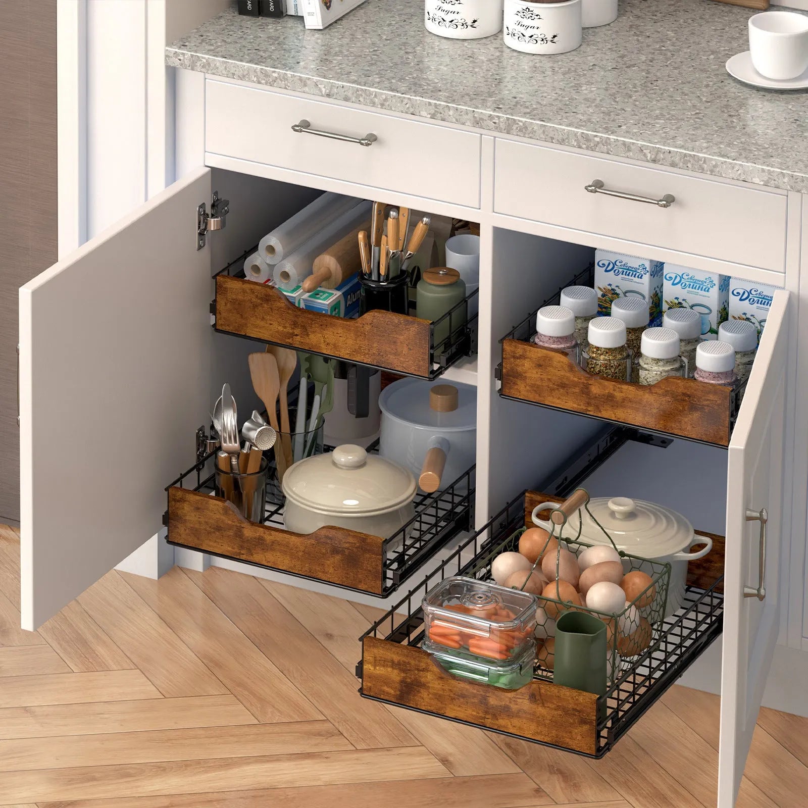 Black wooden pull-out storage basket drawer with iron frame for kitchen pantry organisation
