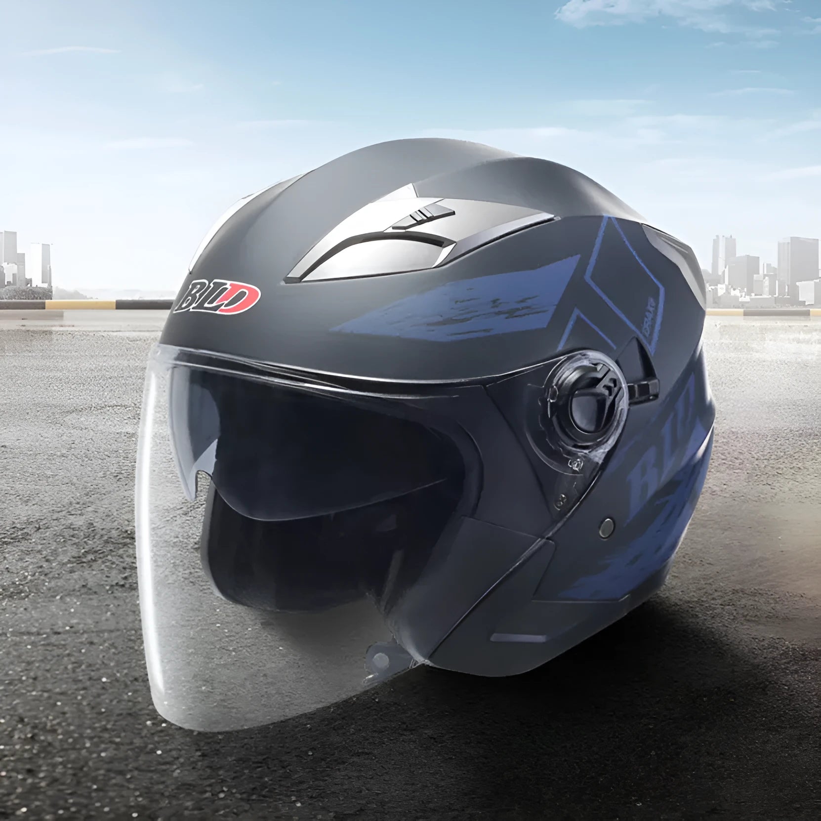 Double lens retro motorcycle helmet in matte black gold finish for electric motorcycle use with ABS shell