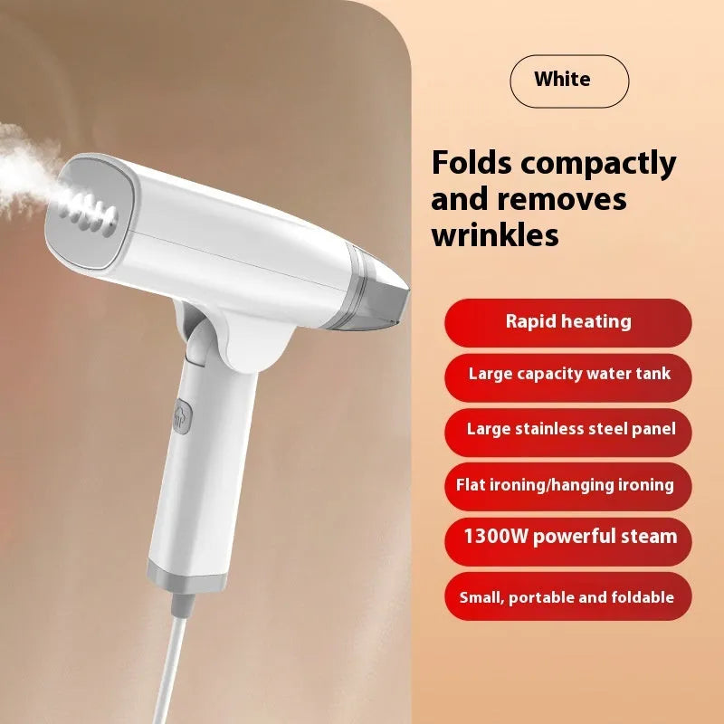 Handheld garment steamer in blue or white colours with 1300W power rating and compact design