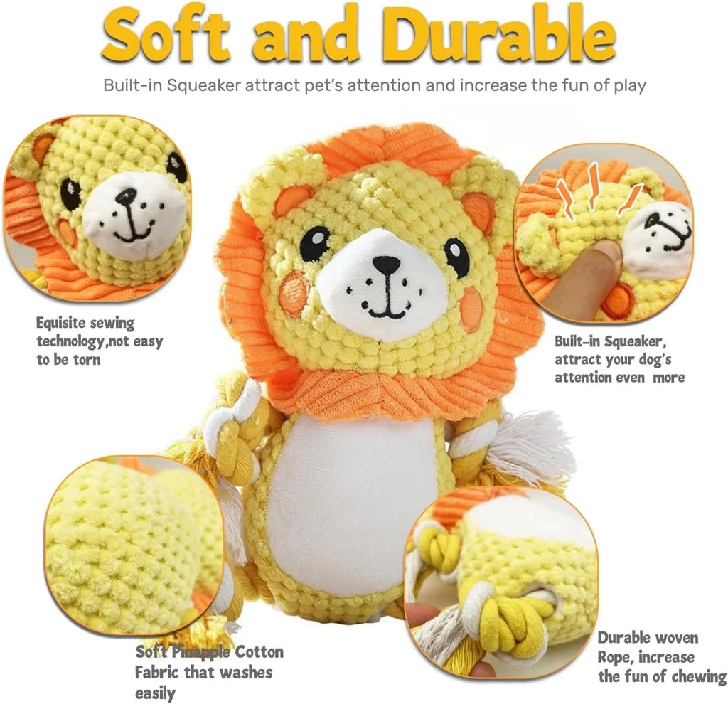 Lion and monkey plush squeaky dog toys bundle for medium and large dogs