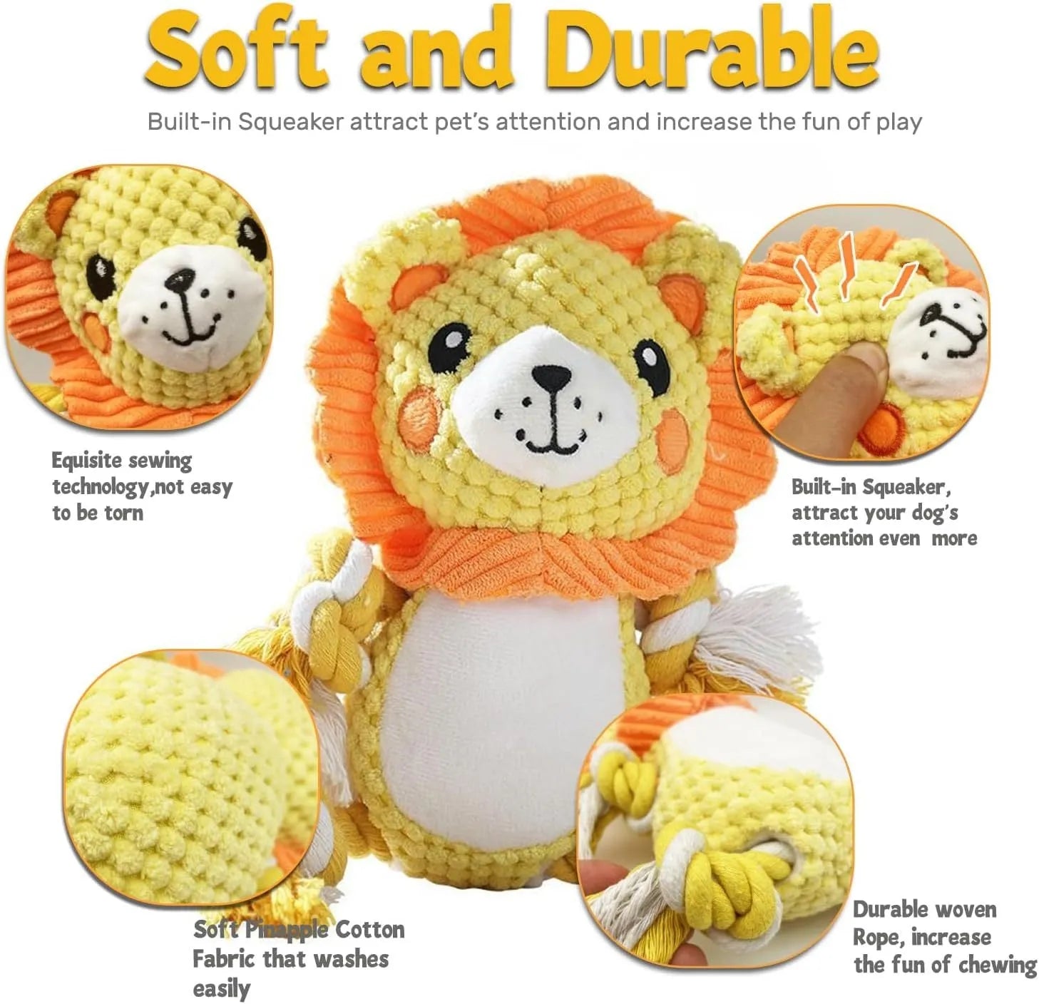 Lion and monkey plush squeaky dog toys bundle for medium and large dogs