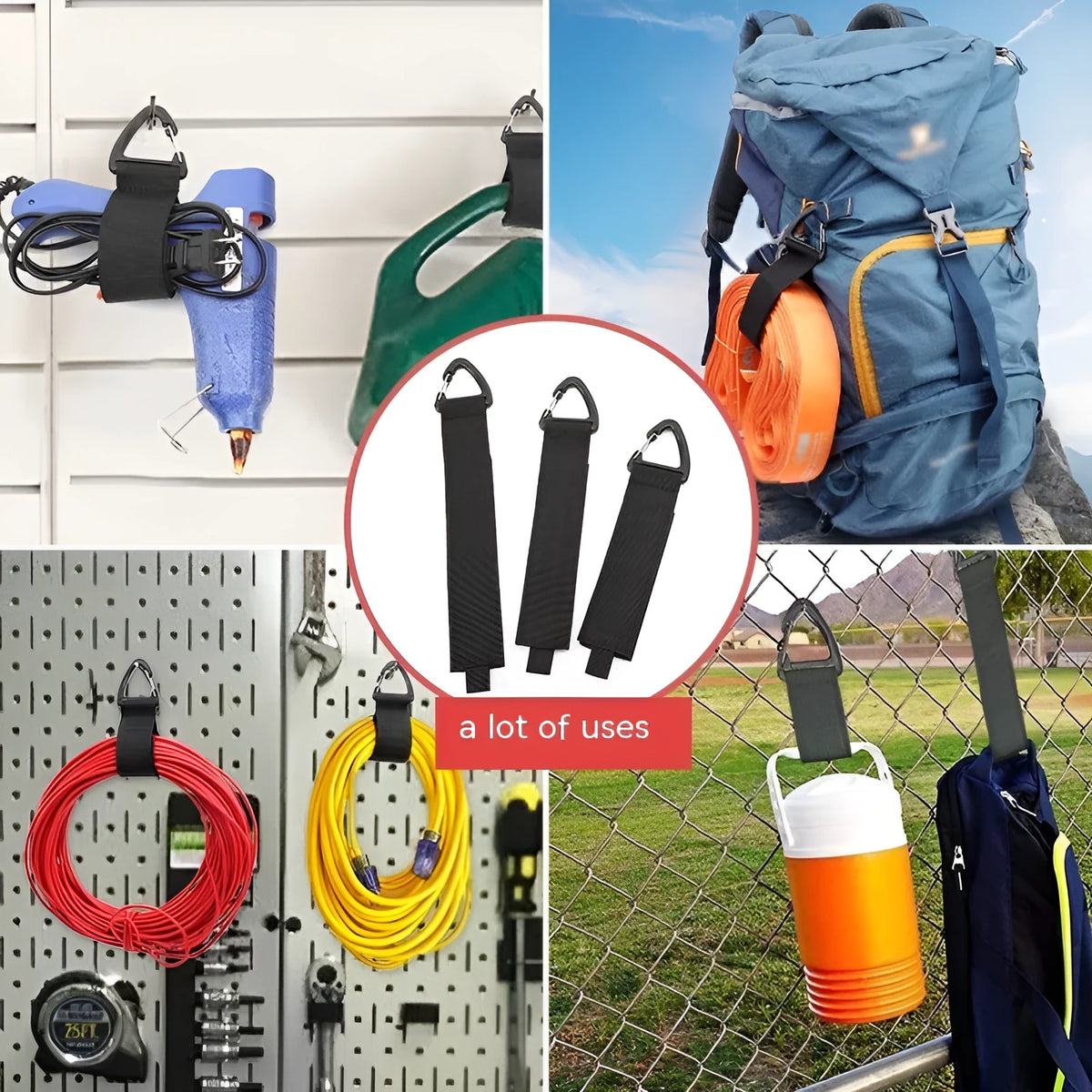 Black heavy-duty carabiner storage strap showing the climbing carabiner hook and 38mm wide blended material.
