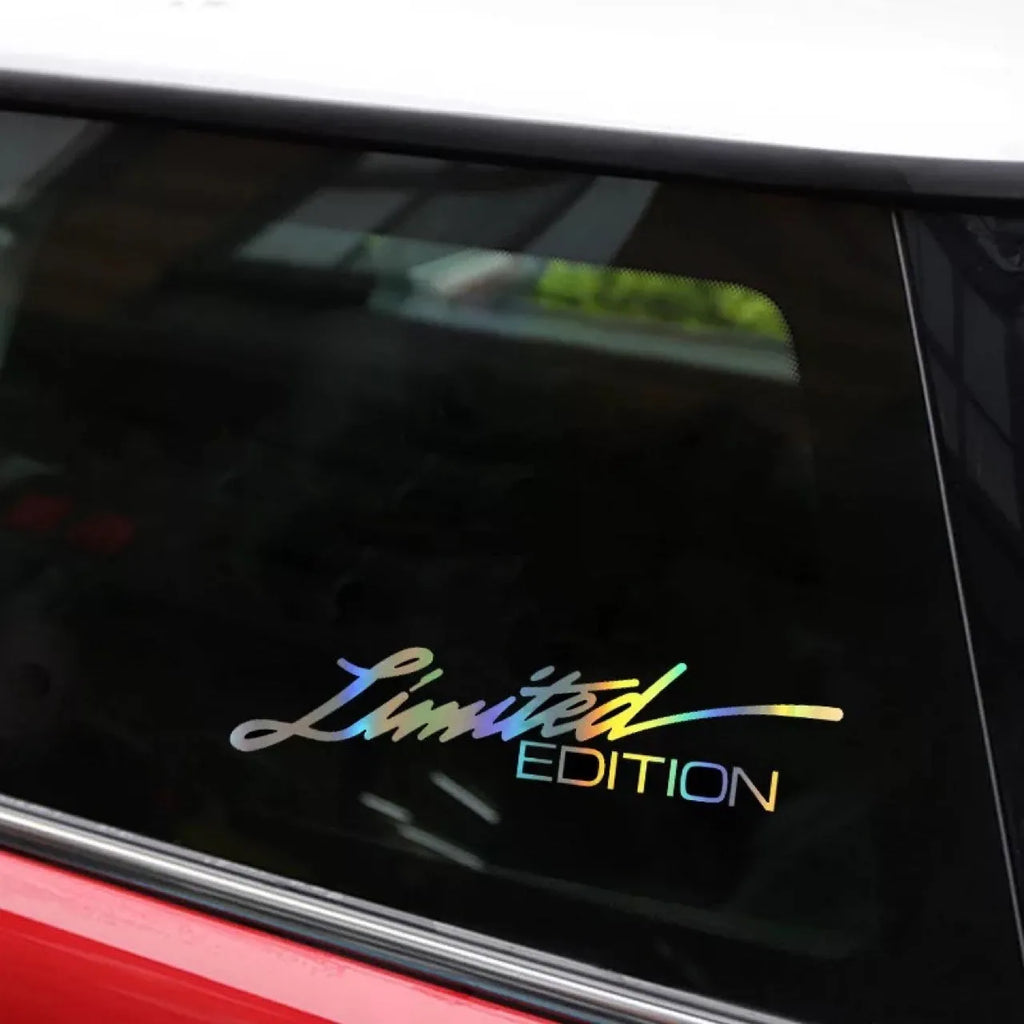 Black laser reflective car sticker with text design on PET material for vehicle personalisation.