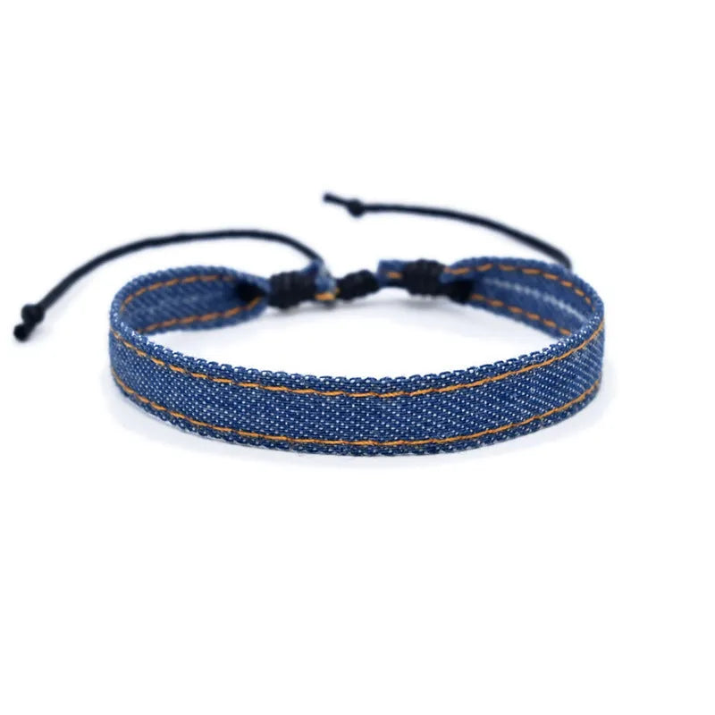 Handcrafted denim fabric bracelet strap in mixed materials for unisex travel and memorial use