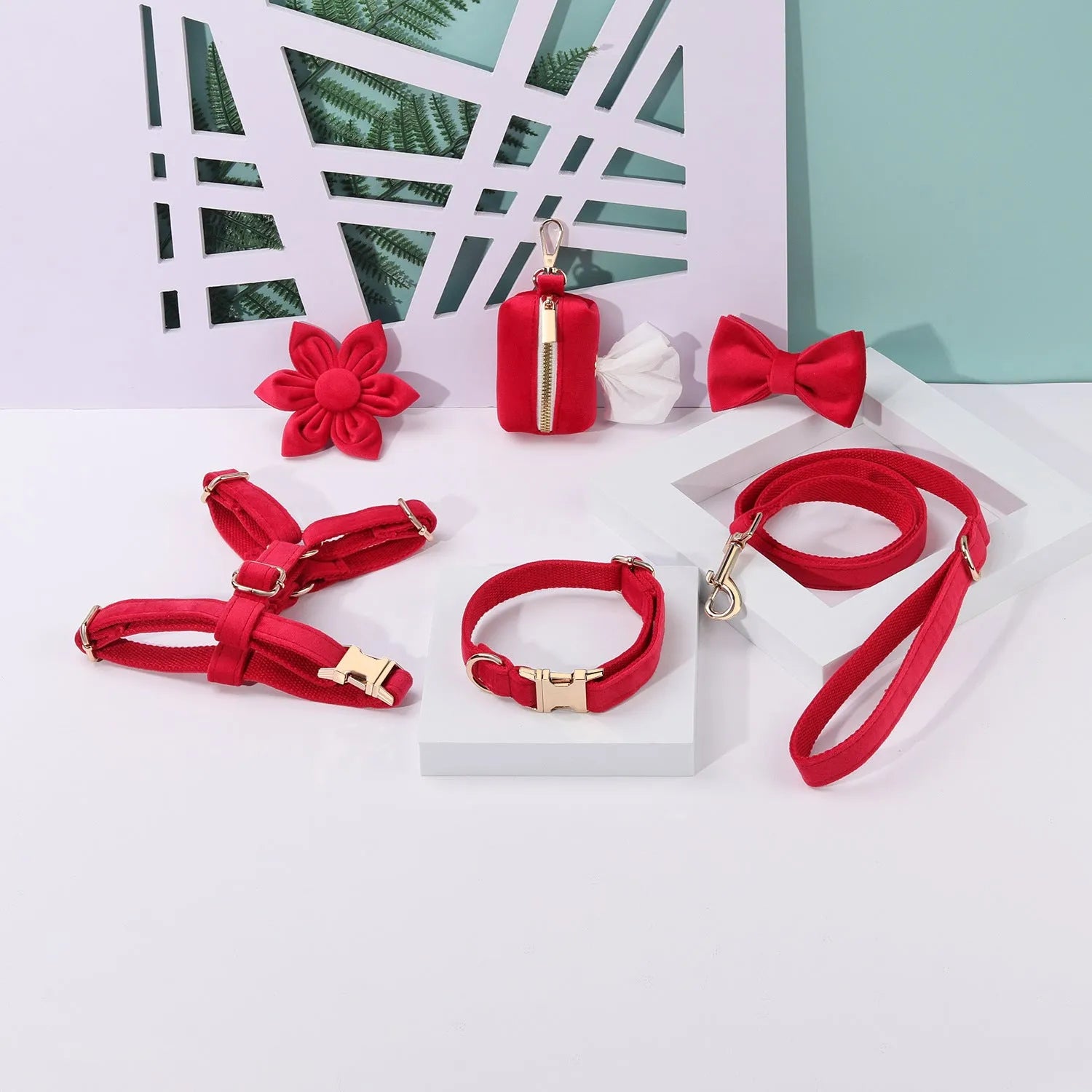 Classic velvet soft pet collar and traction rope set in red fleece with bow tie and flower accessory