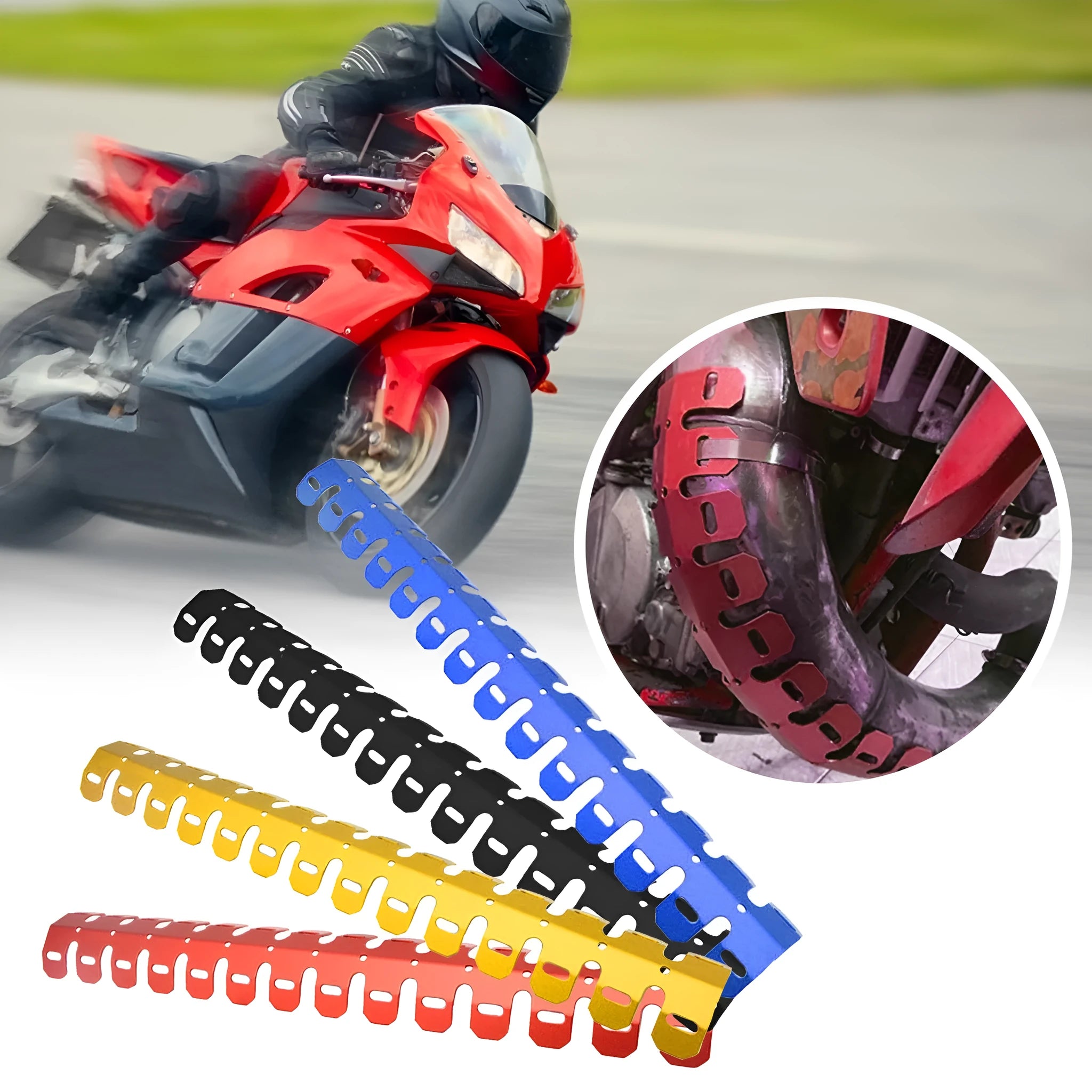 Aluminium alloy off-road exhaust heat shield in black with cable tie mounting against motorcycle exhaust pipe