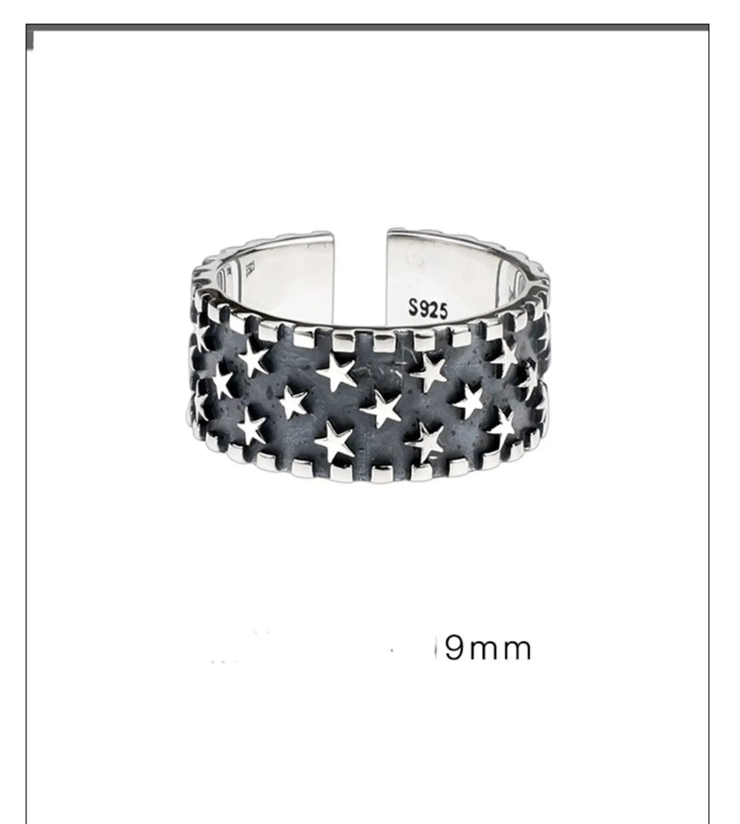Adjustable silver ring with a multi five-pointed star geometric pattern.
