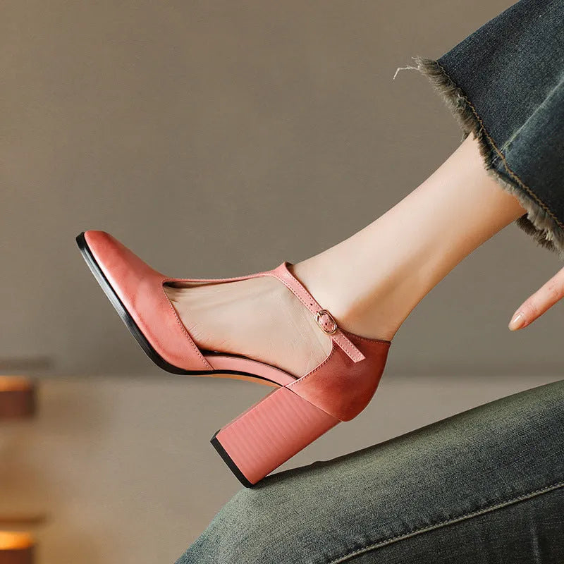 Women's dark brown retro pointed toe Mary Jane shoes with a buckle fastening.