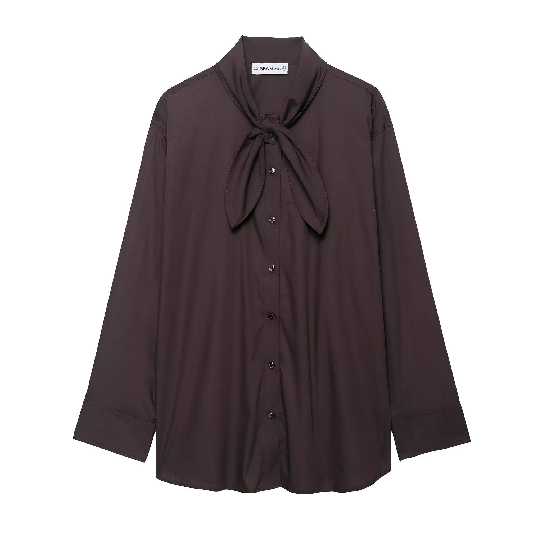 Brown women's loose-fit poplin shirt with long sleeves and a built-in bow tie detail.